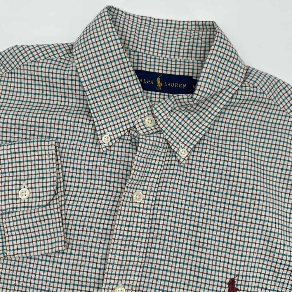 Ralph Lauren Men's Medium Green Brown Plaid Long Sleeve Button Down Shirt‎